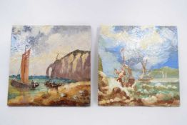 Pair of 19th century tiles by Creil et Montereau, both decorated impasto or barbatine style with