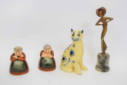 Pair of Royal Doulton condiments, 'Votes for Women' and 'Toil for Men', a Deco style metal figure on