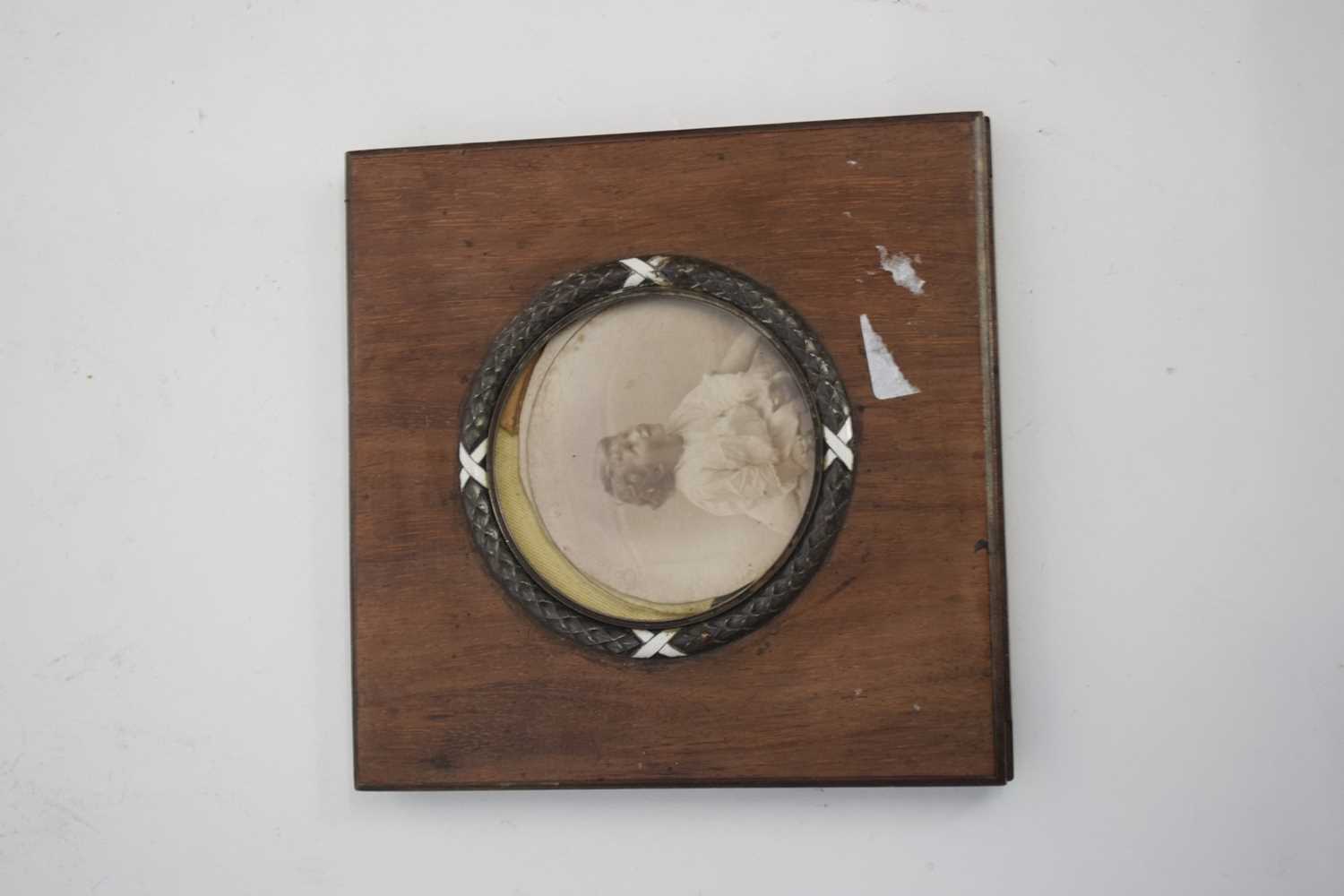 Vintage wooden photo frame, the centre with metal and enamel mounts