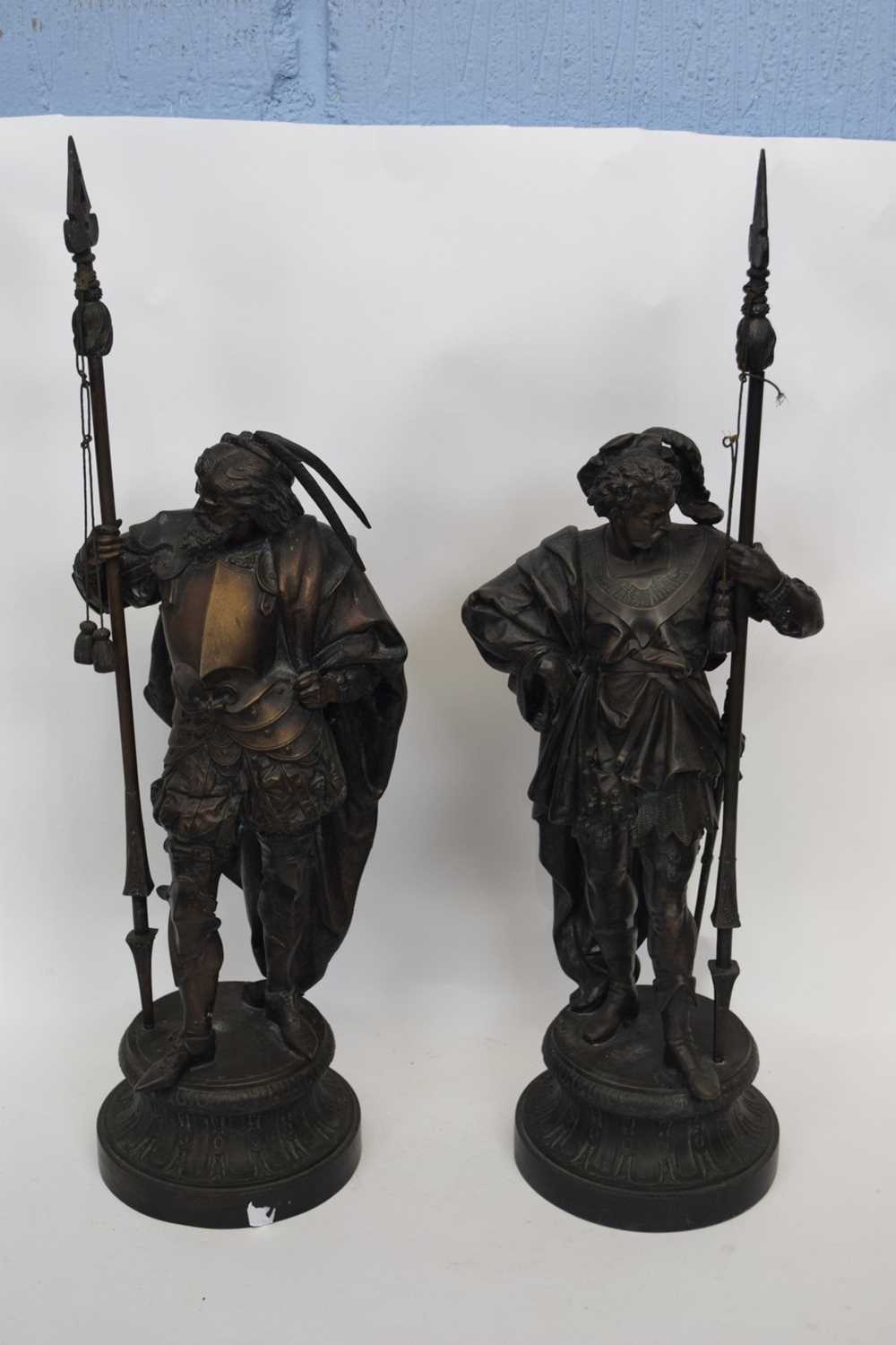 Two large spelter figures of European warriors, both holding spears, mounted on circular bases - Image 2 of 5