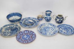 Group of pearlwares and other English pottery including tea pot, pearlware jug (damaged),