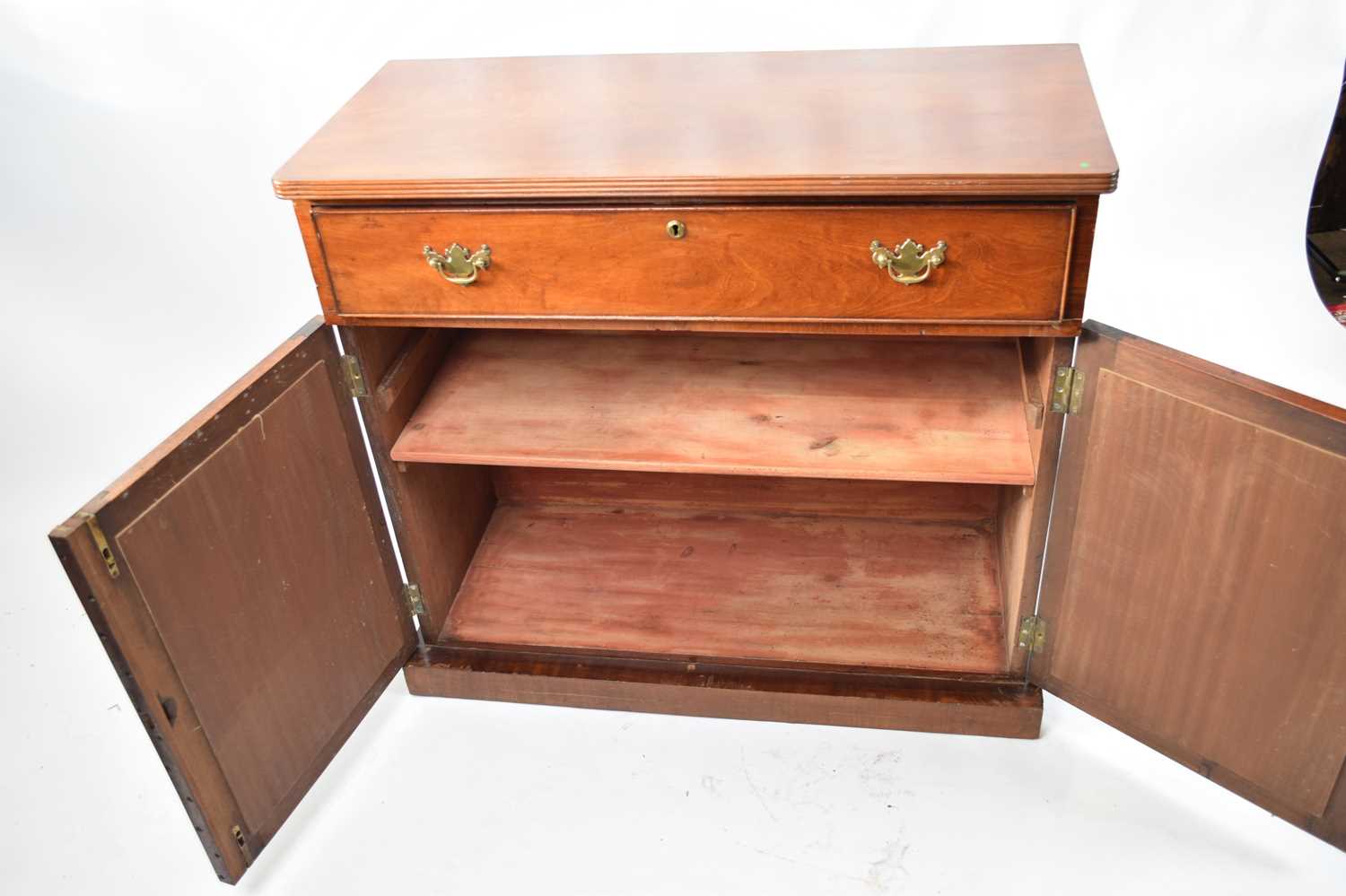 19th century mahogany small sideboard with single drawer over two mesh and fabric covered doors, - Image 2 of 3