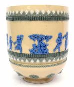 Lambeth Doulton jardiniere with a design of children in blue glaze within green glazed borders, 20cm