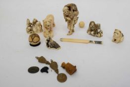 Two boxes containing quantity of small ivory Okimone, Meiji period, animals and figures (qty)