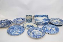 Group of English pearlware plates and jugs and Staffordshire flow blue items including various