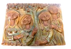 Unusual Danish pottery plaque with various stylised figures, the base impressed 'Borrholm', 28cm