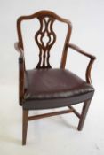 19th century mahogany framed carver chair with pierced splat back, brown leather upholstered seat,