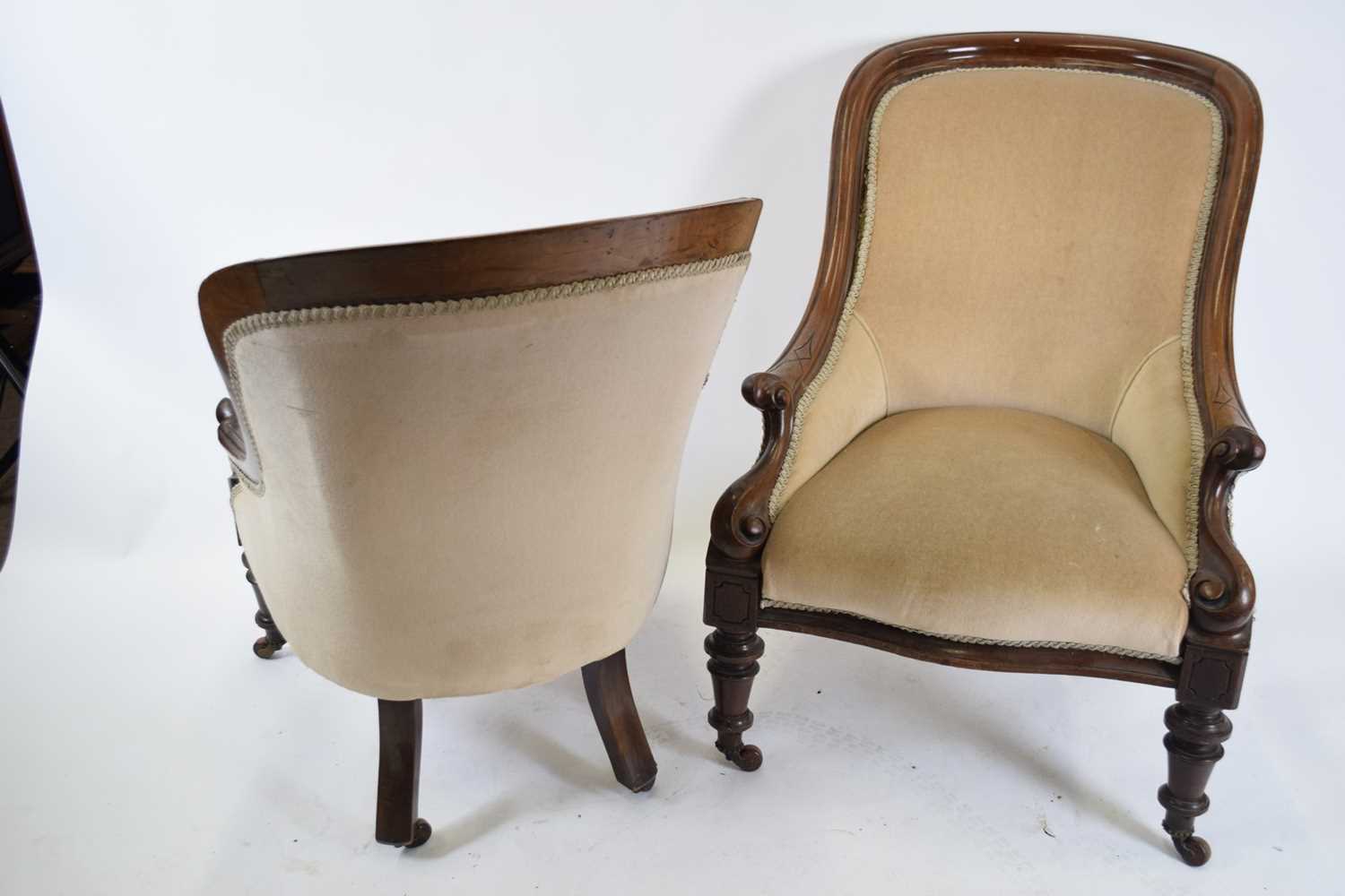 Near pair of Victorian mahogany framed armchairs upholstered in mushroom fabric raised on turned - Image 3 of 3