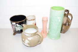 MIXED LOT VARIOUS DECORATED VASES AND JUGS, FURTHER BLACK GLAZED JARDINIERE AND OTHER ITEMS