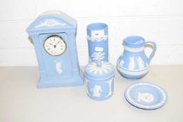 MIXED LOT WEDGWOOD BLUE JASPERWARES TO INCLUDE MANTEL CLOCK, VASES, AND OTHER ITEMS