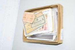 SMALL BOX CONTAINING VARIOUS PICTURE POSTCARDS, EARLY RUSSIAN BANK NOTES ETC