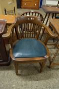 EARLY 20TH CENTURY OAK BOW BACK DESK CHAIR WITH GREEN UPHOLSTERED SEAT, 69CM WIDE