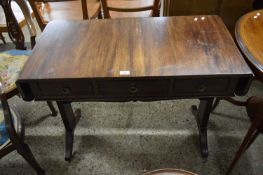 19TH CENTURY MAHOGANY SOFA TYPE TABLE WITH DROP LEAF ENDS AND THREE FRIEZE DRAWERS, 95CM WIDE