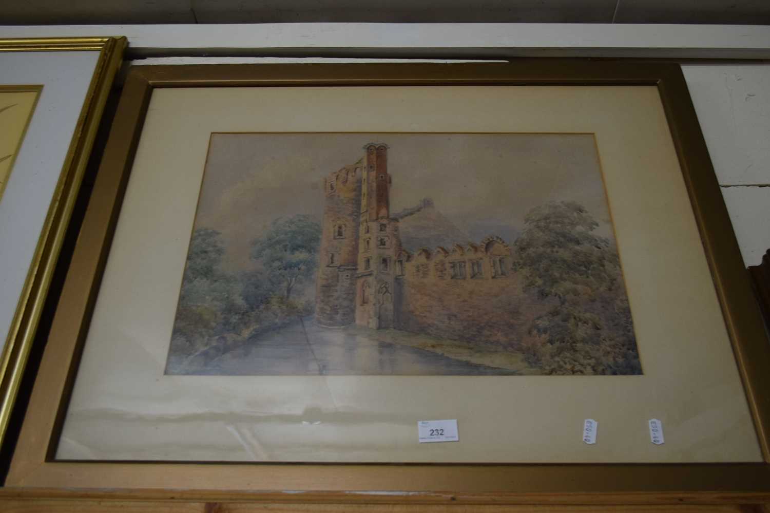 19TH CENTURY BRITISH SCHOOL STUDY OF A MOATED CASTELLATED HOUSE, WATERCOLOUR, UNSIGNED, F/G, BEARS