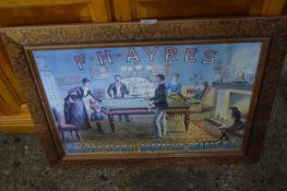 REPRODUCTION COLOURED PRINT, S H AYRES, MANUFACTURER OF BILLIARD TABLES, BAGATELLE BOARDS ETC,