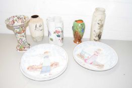 VARIOUS DECORATED VASES TO INCLUDE BRETBY, FENTON CHINA, ART DECO STYLE PLATES AND OTHERS