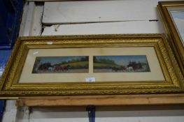 FRAMED PAIR OF SMALL WATERCOLOUR COACHING SCENES, SET IN A GILT FRAME, 72CM WIDE