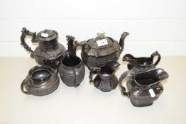 MIXED LOT VARIOUS 19TH CENTURY BLACK TEA WARES TO INCLUDE WEDGWOOD BLACK BASALT AND OTHERS