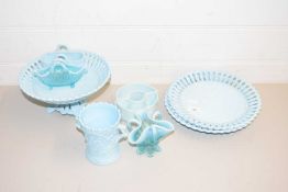 MIXED LOT VARIOUS PRESSED GLASS WARES TO INCLUDE RIBBON PLATES, TAZZA, SMALL VASES ETC