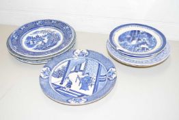 MIXED LOT VARIOUS 19TH CENTURY AND LATER BLUE AND WHITE DECORATED PLATES AND BOWLS