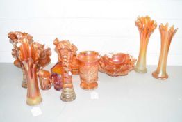 MIXED LOT VARIOUS ORANGE CARNIVAL GLASS WARES TO INCLUDE VASES, BOWLS, JUGS ETC