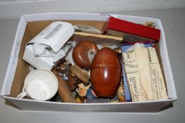 BOX OF VARIOUS MIXED ITEMS TO INCLUDE TURNED MODEL FRUIT, FAR EASTERN WOODEN EGG SHAPED