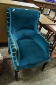 LATE 19TH/EARLY 20TH CENTURY TURQUOISE VELOUR UPHOLSTERED ARMCHAIR ON CABRIOLE LEGS