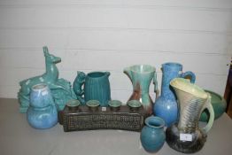 MIXED LOT: A BELGIAN ART DECO POTTERY MODEL OF A DEER, VARIOUS DECORATED JUGS, BRETBY BOWL ETC