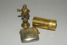 BRASS MATCH HOLDER AND VESTACASE, T/W SMALL BRASS FIGURE