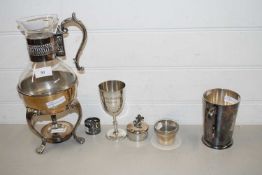 MIXED LOT: COMPRISING A SILVER PLATED MOUNTED SPIRIT WARMER, SILVER PLATED TANKARD AND OTHER ITEMS