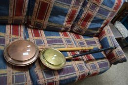 TWO COPPER AND BRASS BED WARMING PANS ON TURNED HANDLES