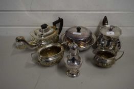 MIXED LOT: SILVER PLATED TEA WARES, MUFFIN DISH, SUGAR CASTER ETC