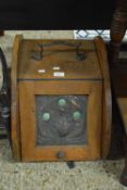 LATE 19TH CENTURY OAK COAL BOX DECORATED WITH A PEACOCK PANEL (LACKING INTERIOR LINER)