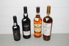 MIXED LOT COMPRISING FOUR BOTTLES OF VARIOUS PORT, MADEIRA AND WHISKY, TO INCLUDE BELLS AND