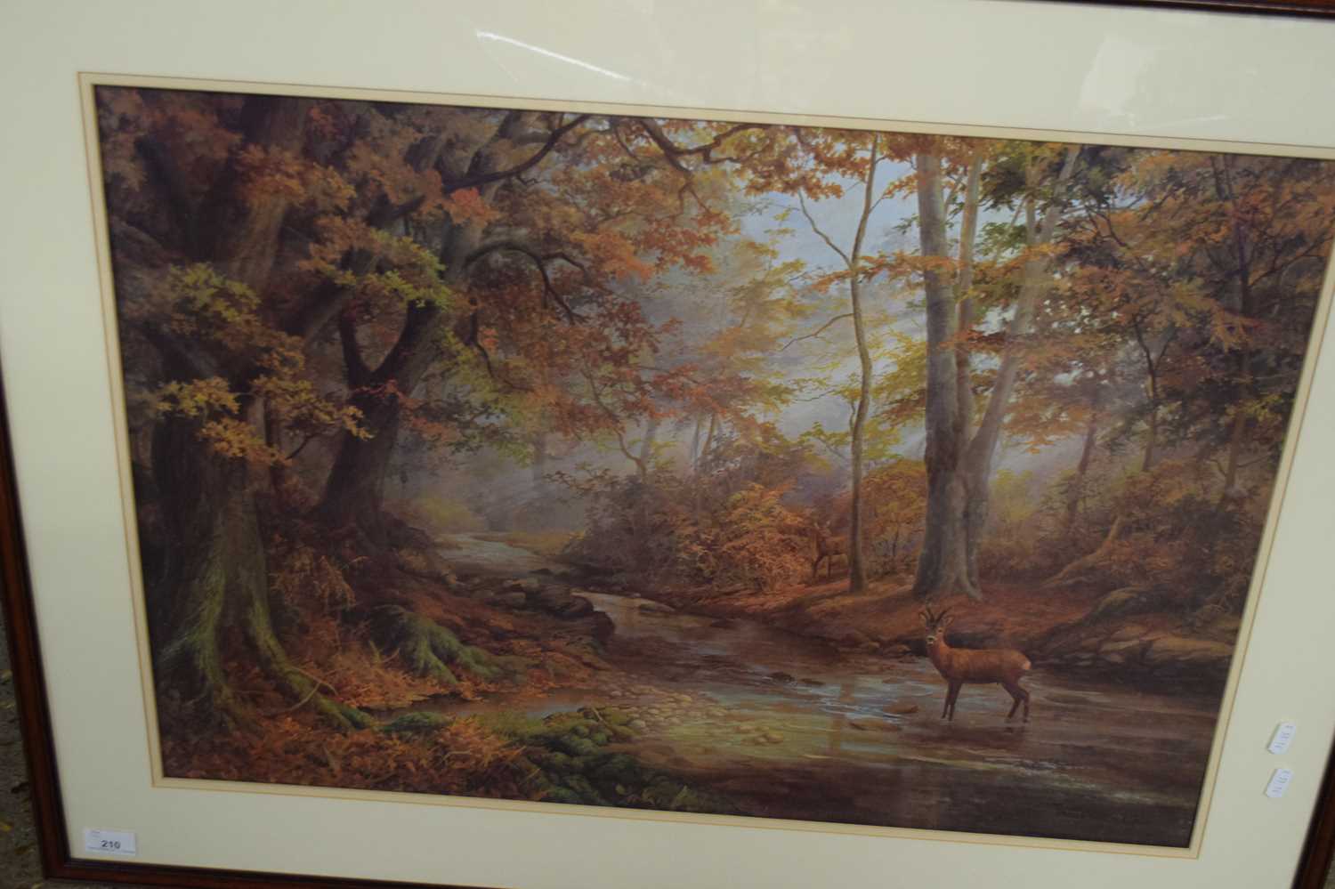 LARGE COLOURED PRINT, DEER BY A WOODLAND STREAM, F/G, 95CM WIDE