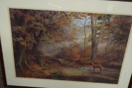 LARGE COLOURED PRINT, DEER BY A WOODLAND STREAM, F/G, 95CM WIDE