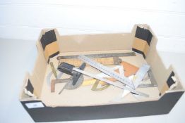 BOX CONTAINING VARIOUS VINTAGE STEEL AND WOODEN RULERS AND OTHER ASSORTED DRAWING INSTRUMENTS