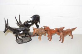 TWO BESWICK MODEL RED SETTERS, TWO HARDWOOD ANTELOPE AND A CARVED WOODEN SHEEP