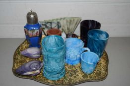 MIXED LOT: VARIOUS SLAG GLASS BEAKERS AND CUPS, SUGAR SIFTER AND OTHER ITEMS