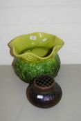 MIXED LOT: VICTORIAN GREEN GLAZED JARDINIERE AND A GLASS ROSE BOWL (2)