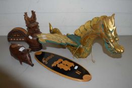 CONTEMPORARY GILT DECORATED WOODEN DRAGON MODEL, A WOODEN PIG, FURTHER VASE AND A GEMINI PLAQUE