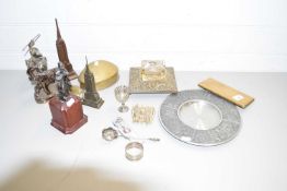 VARIOUS METAL ORNAMENTS, PEWTER PLATE, CLAMSHELL FORMED TRINKET BOX, BRASS BASED INK STAND ETC