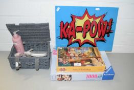 TWO BOXED JIGSAWS, BASKET VARIOUS COSMETICS, SUNDRIES ETC AND A GLASS WALL PLAQUE MARKED 'KA-POW'