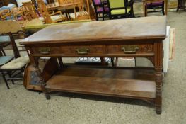 LATE VICTORIAN OAK THREE DRAWER SIDE TABLE, RAISED ON TURNED LEGS, (LACKING BACK PEDIMENT), 153CM