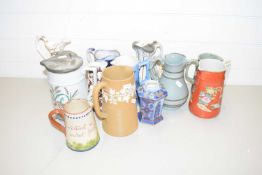 MIXED LOT VARIOUS VICTORIAN AND LATER DECORATED JUGS TO INCLUDE SOME PEWTER LIDDED EXAMPLES