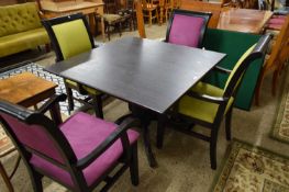 BARONS DARK PEDESTAL TABLE AND FOUR UPHOLSTERED DINING CHAIRS