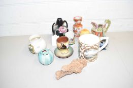 MIXED LOT VARIOUS SMALL ITEMS TO INCLUDE VASES, EGG CUPS, GOSS VASE DECORATED WITH THE ARMS OF DERBY