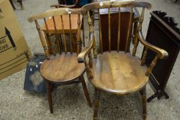 LATE 19TH CENTURY CIRCULAR SEATED STICK BACK CARVER CHAIR AND SIMILAR SIDE CHAIR (2)