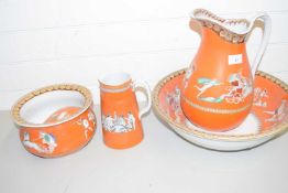 VICTORIAN WASH BOWL, JUG, CHAMBER POT AND SOAP BOX DECORATED WITH ROMAN CHARIOTS PLUS A FURTHER