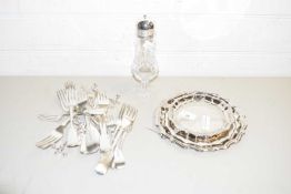 MIXED LOT VARIOUS SILVER PLATED CUTLERY, WAITER TRAYS, GLASS SUGAR SIFTER ETC